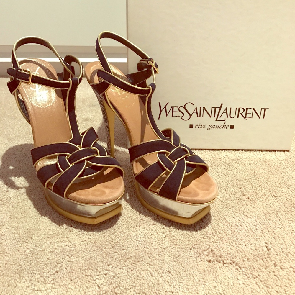Saint Laurent Black and Gold Knotted T-Strap Stiletto Sandals